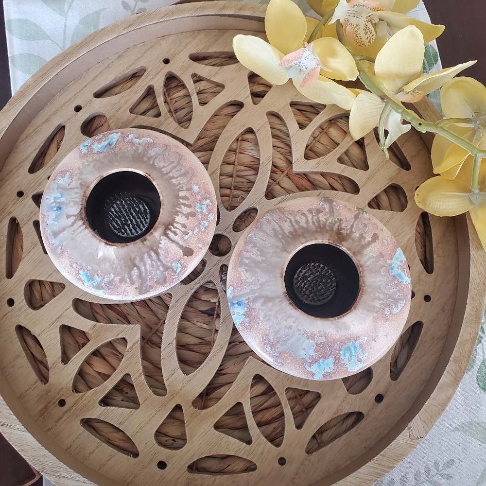 Ikebana Japanese pottery flower frogs turquoise brown signed set of 2 boho